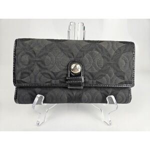 COACH Quilted Black Signature Fabric Wallet Clutch Checkbook Credit Cards